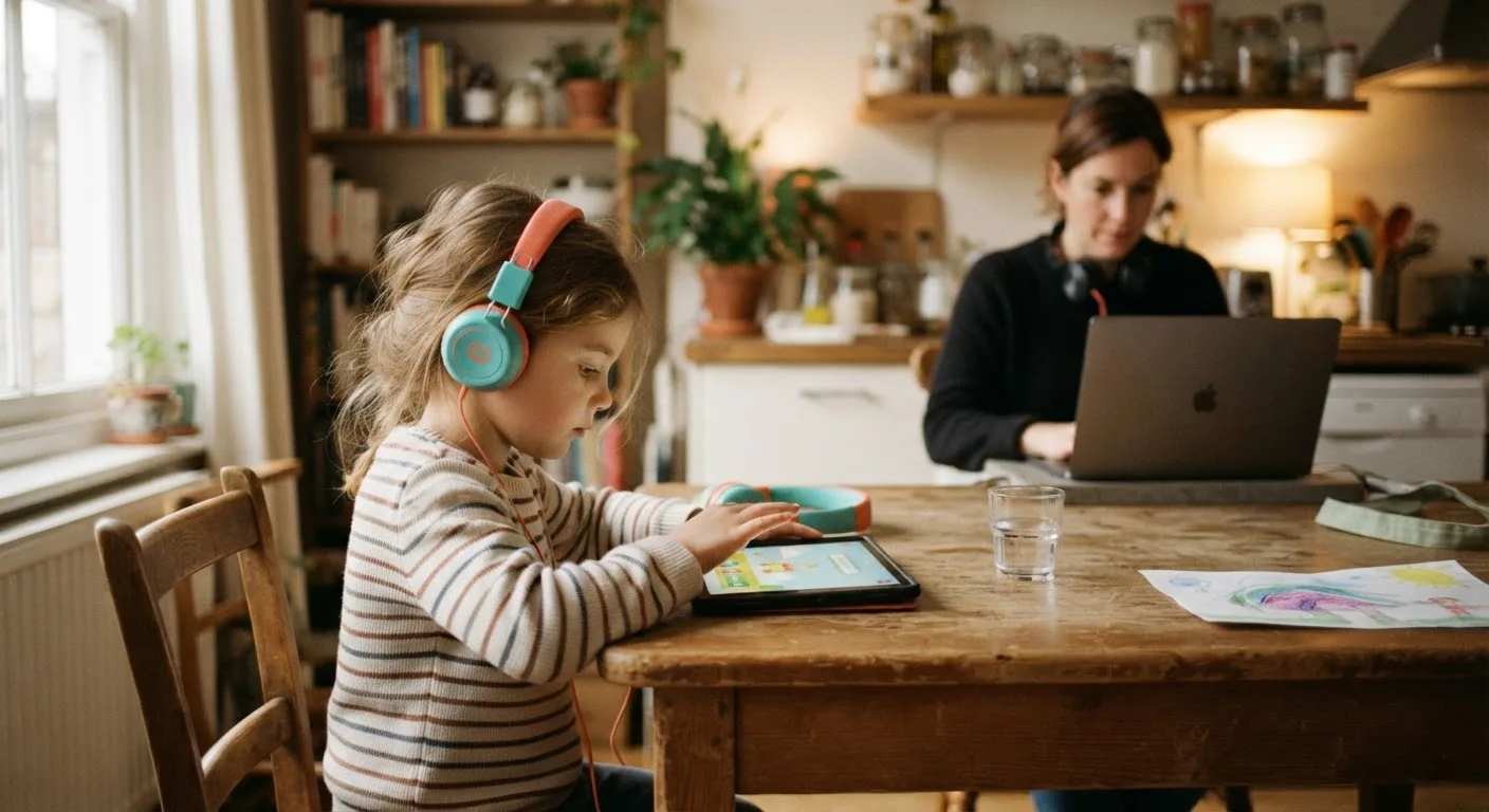 A child's study device alongside a parent's work setup