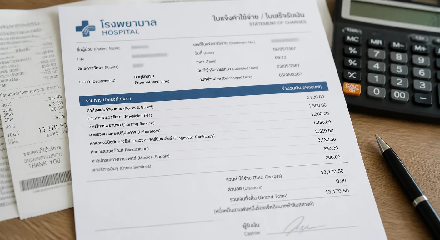 An itemized Thai private hospital bill in Thai and English with receipts