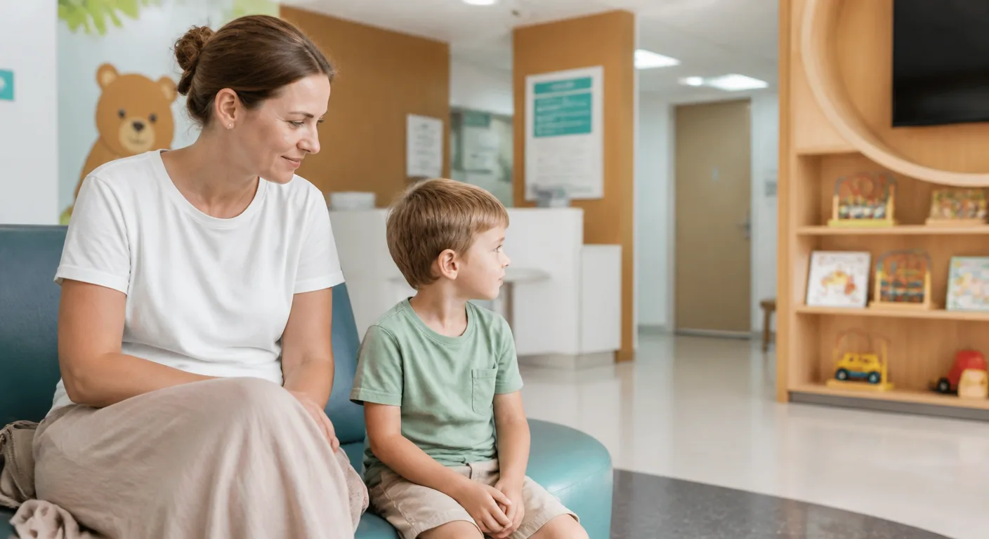 A Western parent and child waiting in a Thai private hospital pediatric ward