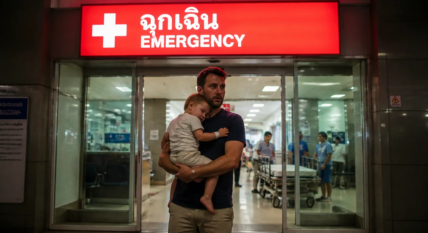 A Western parent carrying a child into a Thai private hospital emergency entrance at night