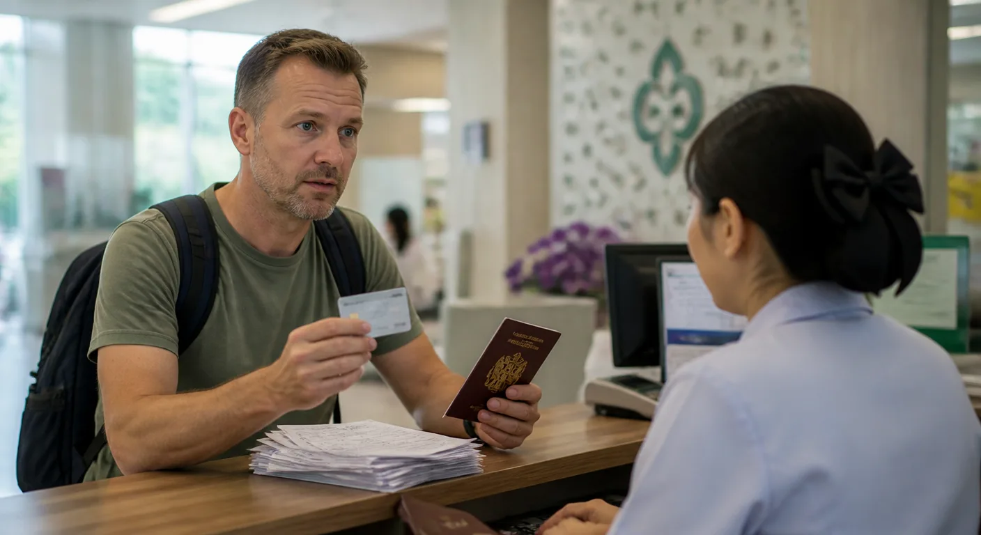 A foreign parent presenting an insurance card at a Thai hospital billing counter