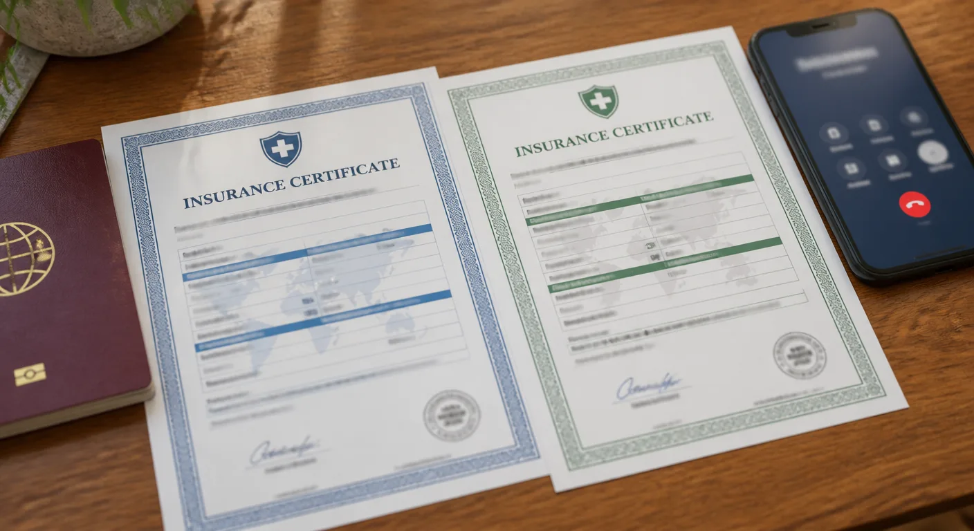 Two insurance certificates and a passport laid out on a table for comparison