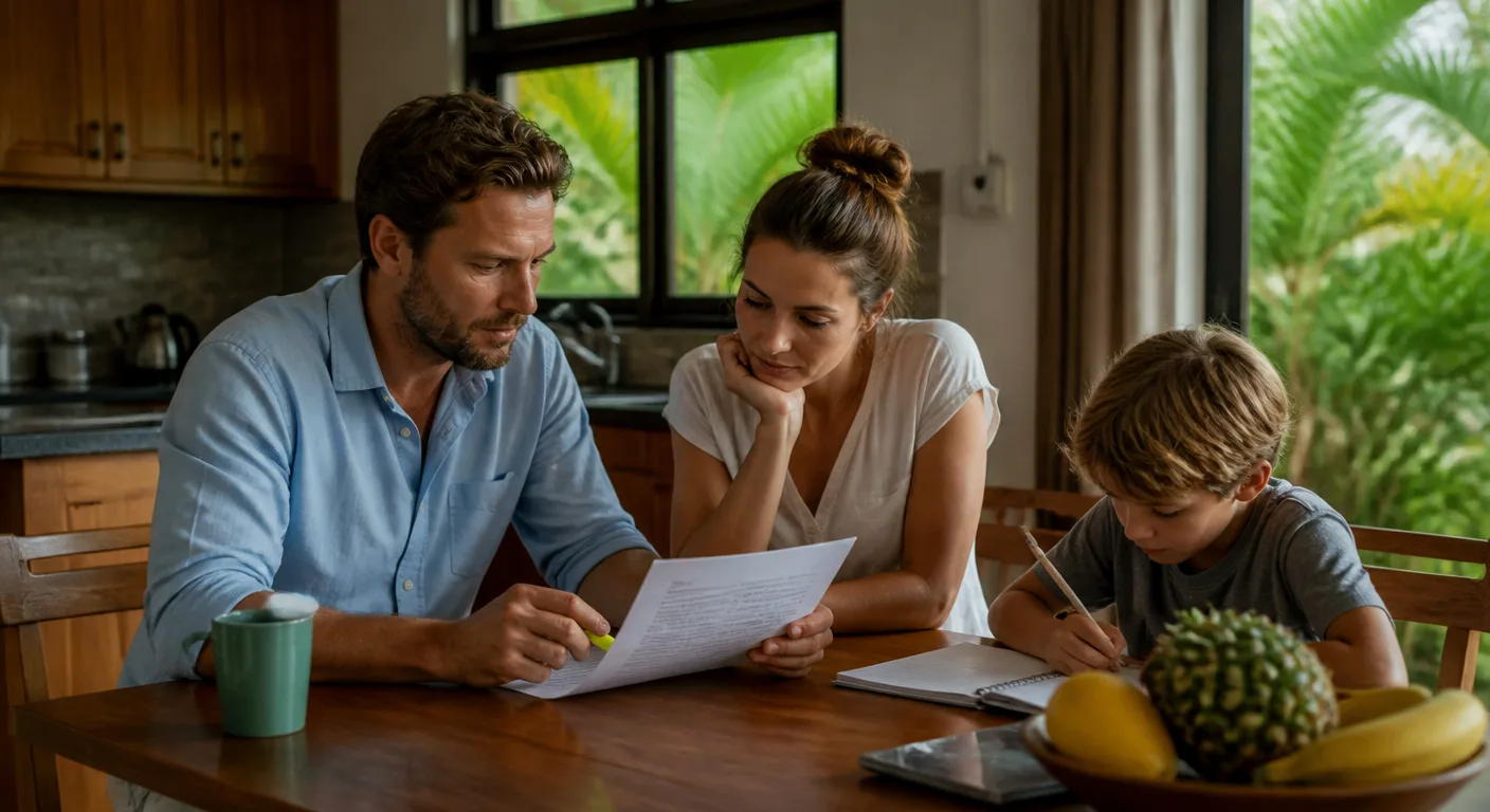 Parents reading an insurance policy document together at a family kitchen table in Thailand