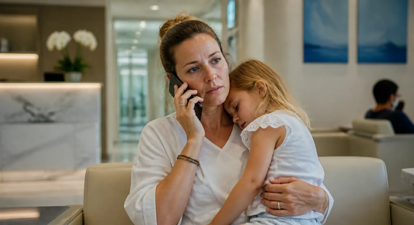 A parent calling an insurer from a Thai hospital waiting area while their child rests