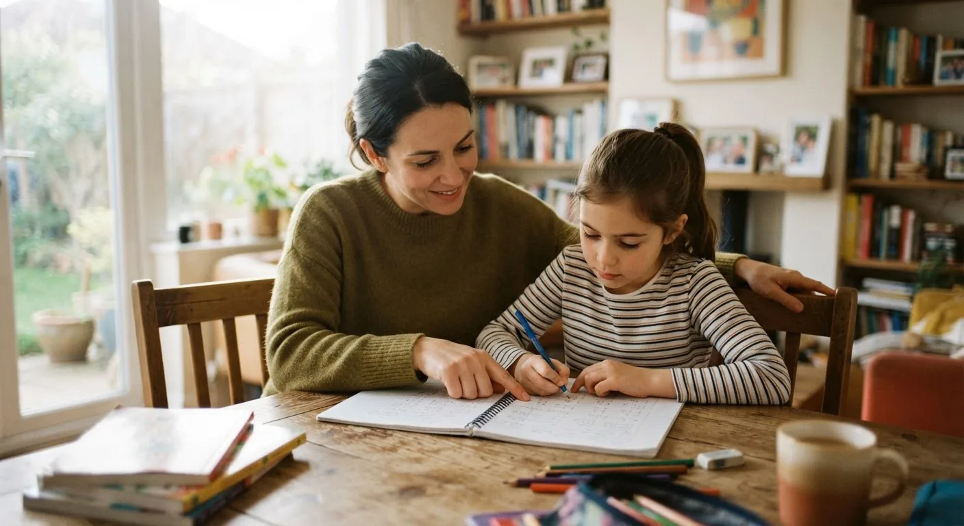 A parent supervising a child's distance learning session