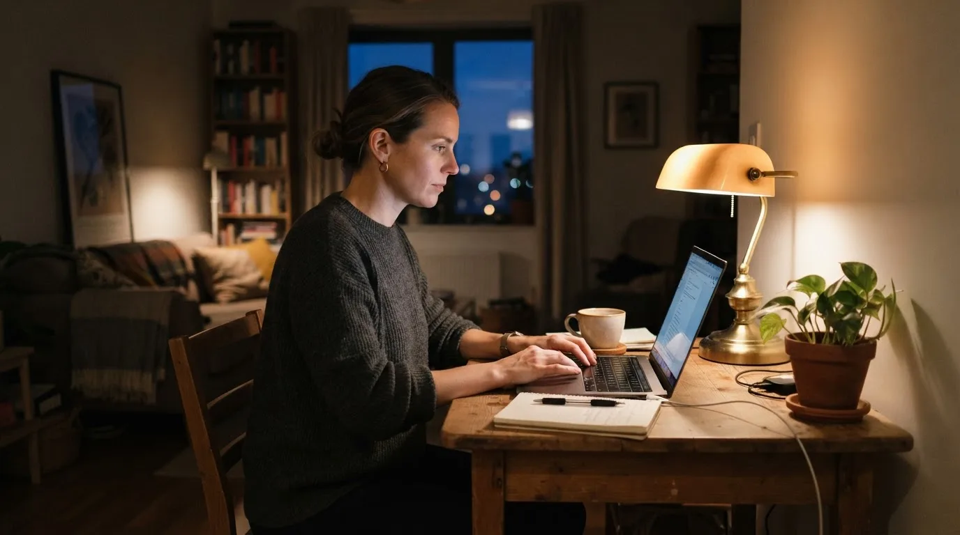A remote-working parent starting a late work block after study hours