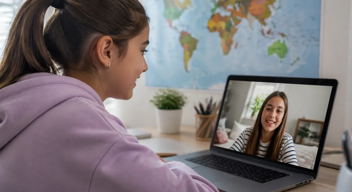 A worldschooling child on a video call keeping in touch with a friend abroad