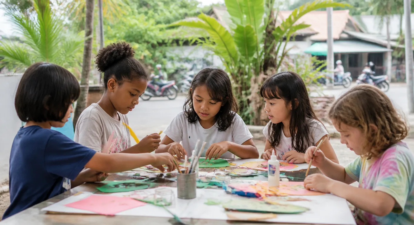 Children from several nationalities doing an activity together at a family hub